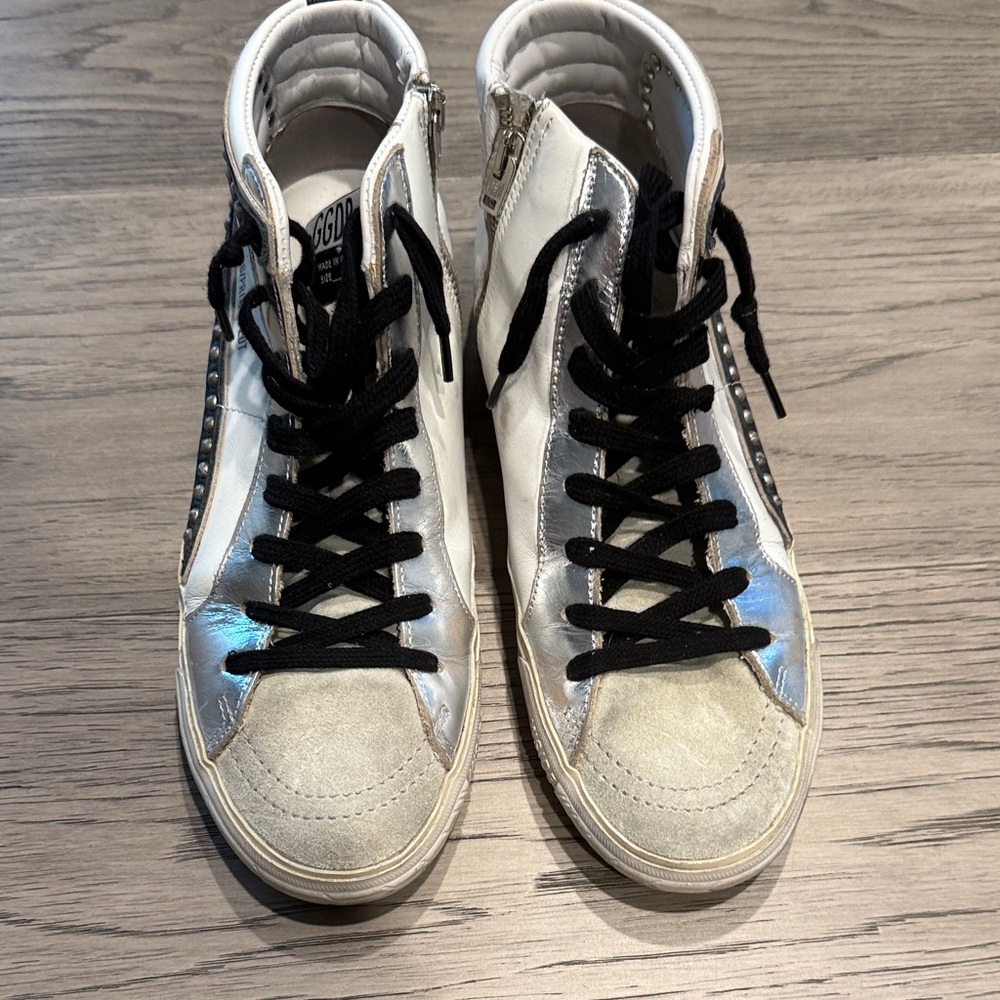 Golden Goose White and Silver High-Tops with Black Accents